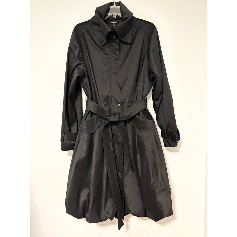 Samuel Dong Black Bubble Hem Trench Coat Funnel Neck Belted Jacket XL